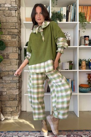 Agnes Plaid Brushed Cotton Barrel Pant Green